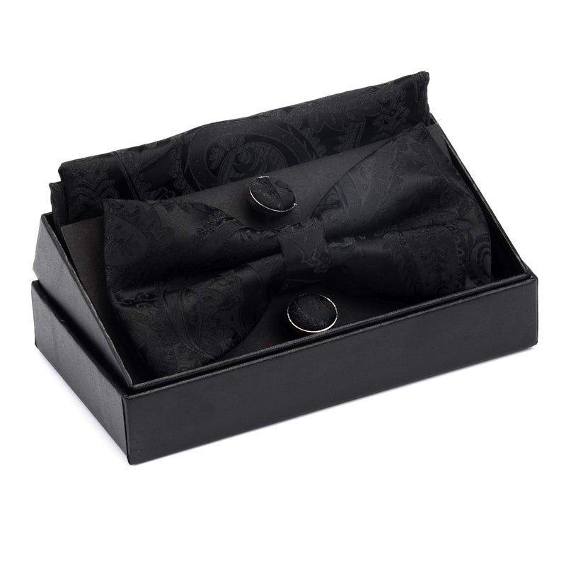 GUSLESON Black Paisley Bow Tie Wedding Pre-tied Silk BowTies and Pocket Square Cufflink Set(0581-01) - Image 2
